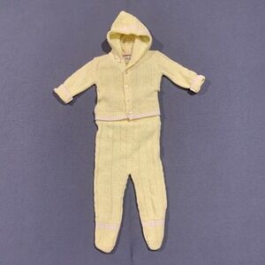 VTG Cradleknit Baby Hooded Sweater and Footed Pants Set Butter Yellow Knit USA